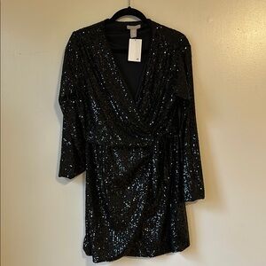 Black Sequin Wrap Dress